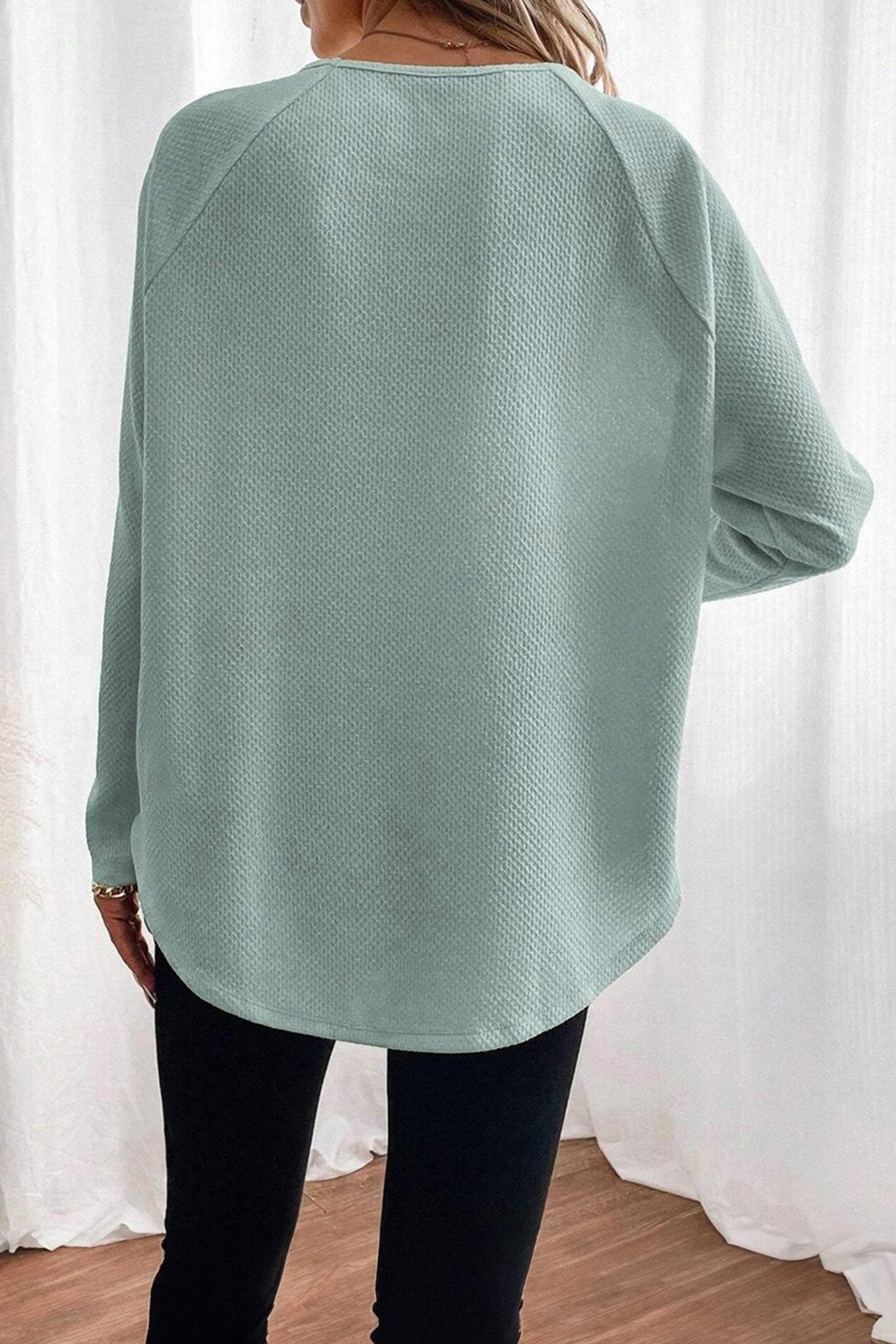 Moonlight Jade Textured Raglan Sleeve Knit Loose Top-Tops/Long Sleeve Tops-[Adult]-[Female]-2022 Online Blue Zone Planet