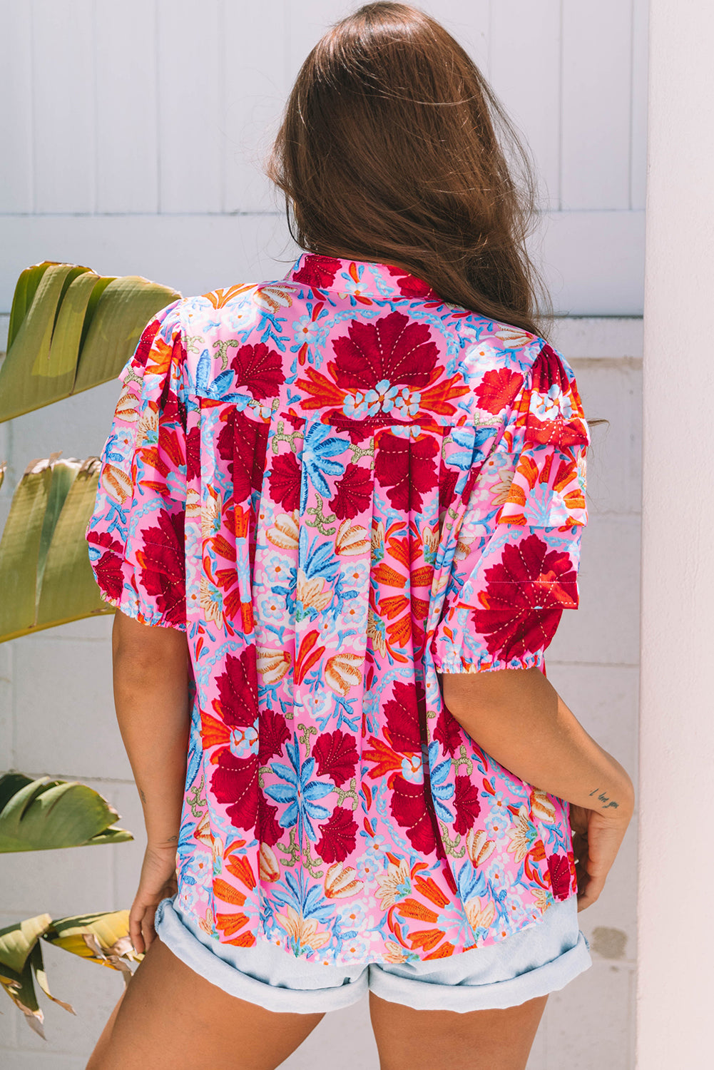 Pink Floral Print Bubble Sleeve Button Up Pleated Shirt-Tops/Blouses & Shirts-[Adult]-[Female]-2022 Online Blue Zone Planet