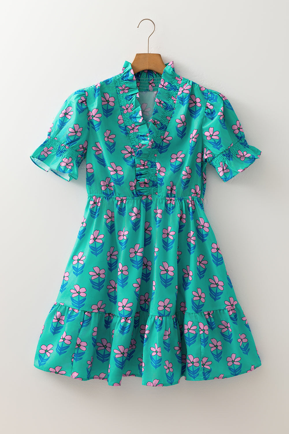 Green Floral Print Frilly Smocked Detail High Waist Mini Dress-TOPS / DRESSES-[Adult]-[Female]-2022 Online Blue Zone Planet