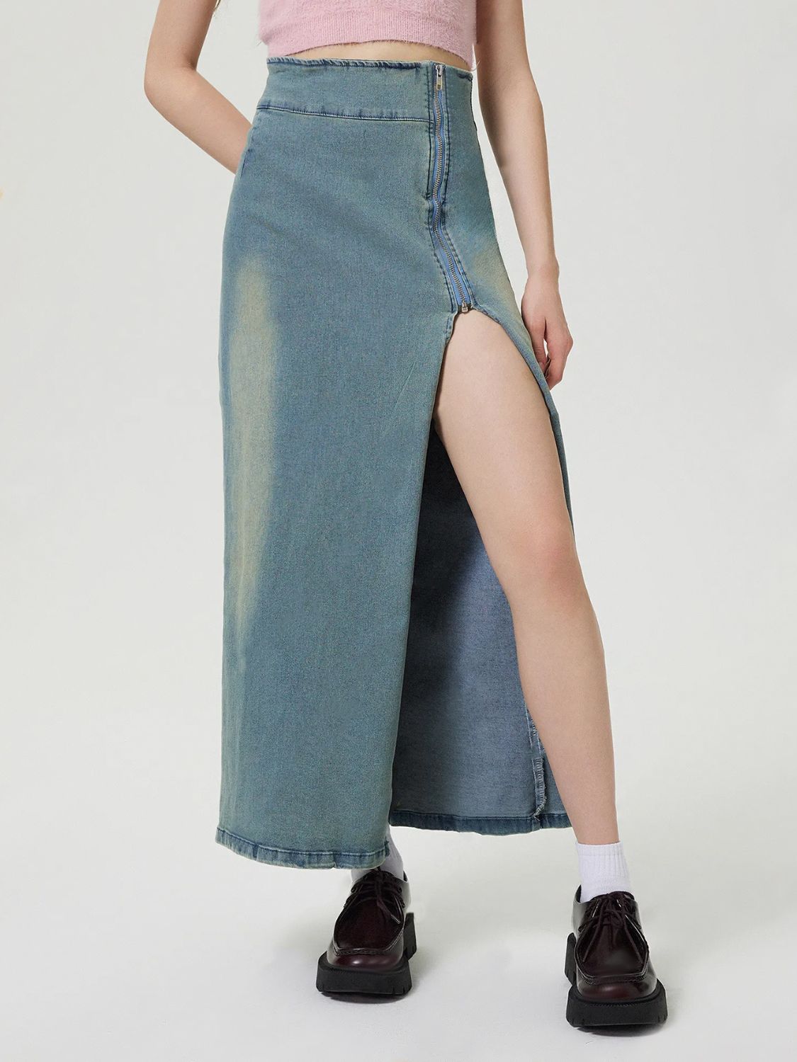 Slit Denim Skirt with Zip-BOTTOM SIZES SMALL MEDIUM LARGE-[Adult]-[Female]-2022 Online Blue Zone Planet