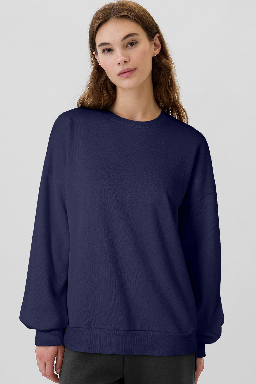 Navy Blue Solid Fleece Lined Drop Shoulder High Low Sweatshirt-Tops/Sweatshirts & Hoodies-[Adult]-[Female]-2022 Online Blue Zone Planet