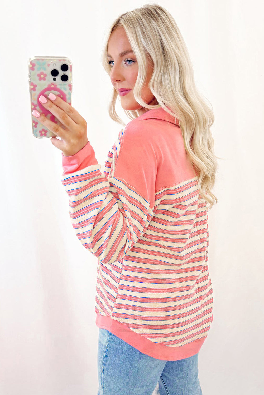 Blue Zone Planet | Pink Stripe Buttoned V Neck Collared Drop Shoulder Top-Tops/Long Sleeve Tops-[Adult]-[Female]-2022 Online Blue Zone Planet