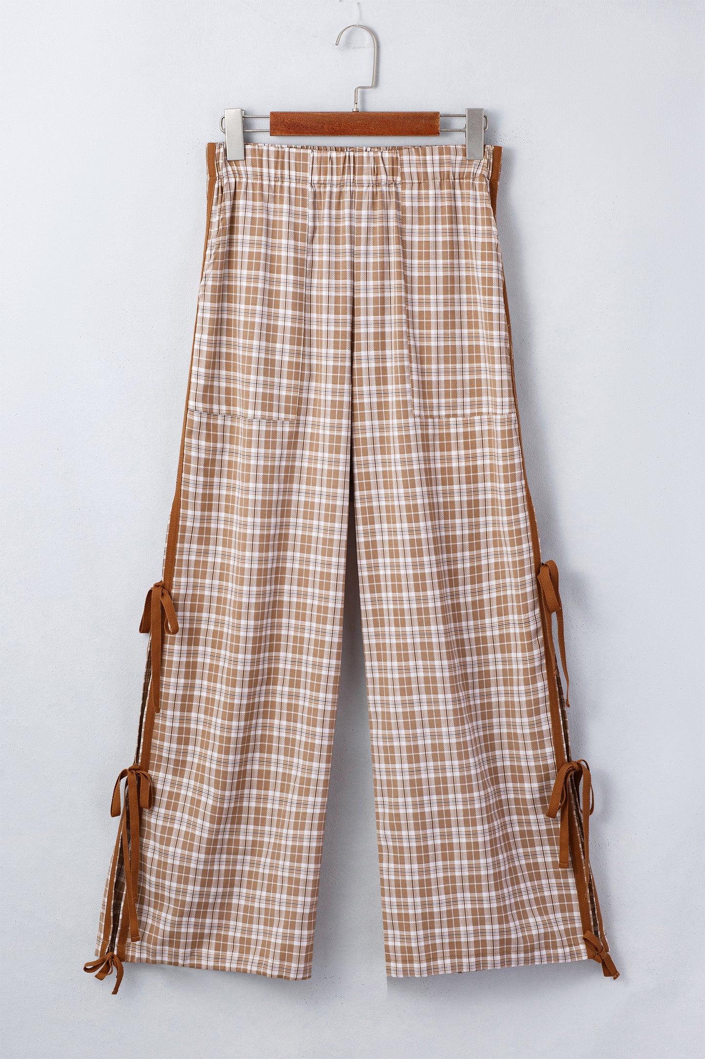 Chestnut Plaid Print Elastic Waist Bow Tie Contrast Detail Jogger Pants-Bottoms/Pants & Culotte-[Adult]-[Female]-2022 Online Blue Zone Planet