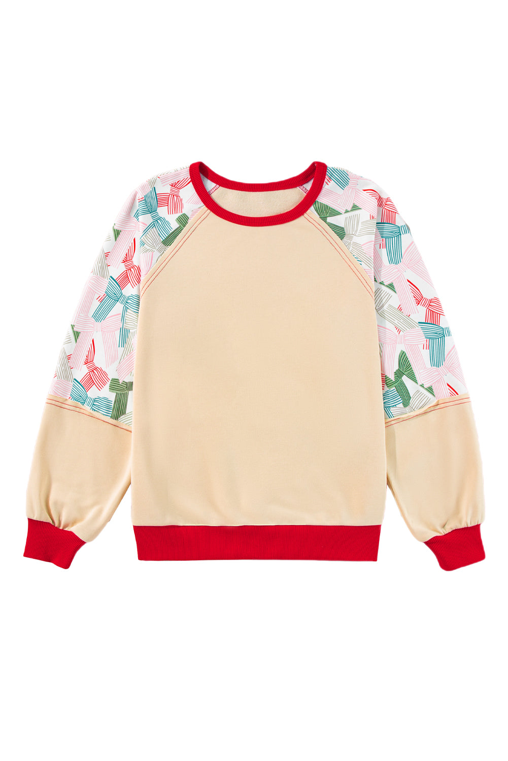 Blue Zone Planet | Beige Bowknot Print Patchwork Raglan Sleeve Top-Long Sleeve Tops-[Adult]-[Female]-2022 Online Blue Zone Planet