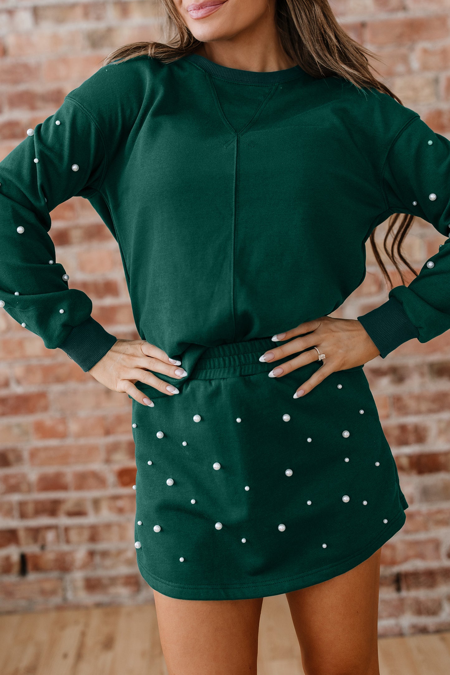 Dark Green Pearl Embellished Drop Shoulder Pullover Elastic Waist Mini Skirt Set-Two Piece Sets/Two Piece Dresses-[Adult]-[Female]-2022 Online Blue Zone Planet