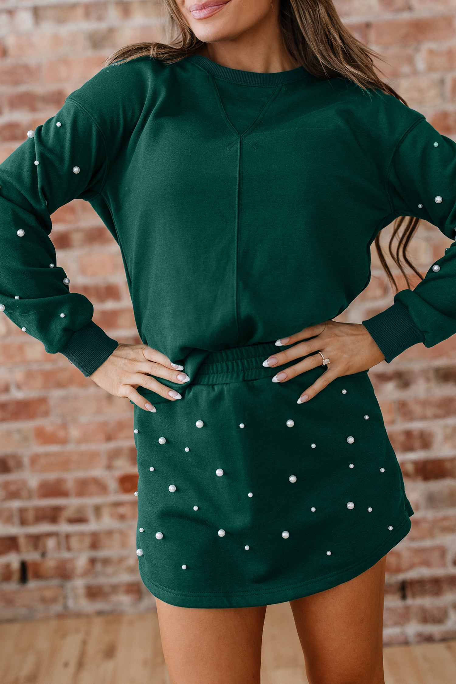 Dark Green Pearl Embellished Drop Shoulder Pullover Elastic Waist Mini Skirt Set-Two Piece Sets/Two Piece Dresses-[Adult]-[Female]-2022 Online Blue Zone Planet