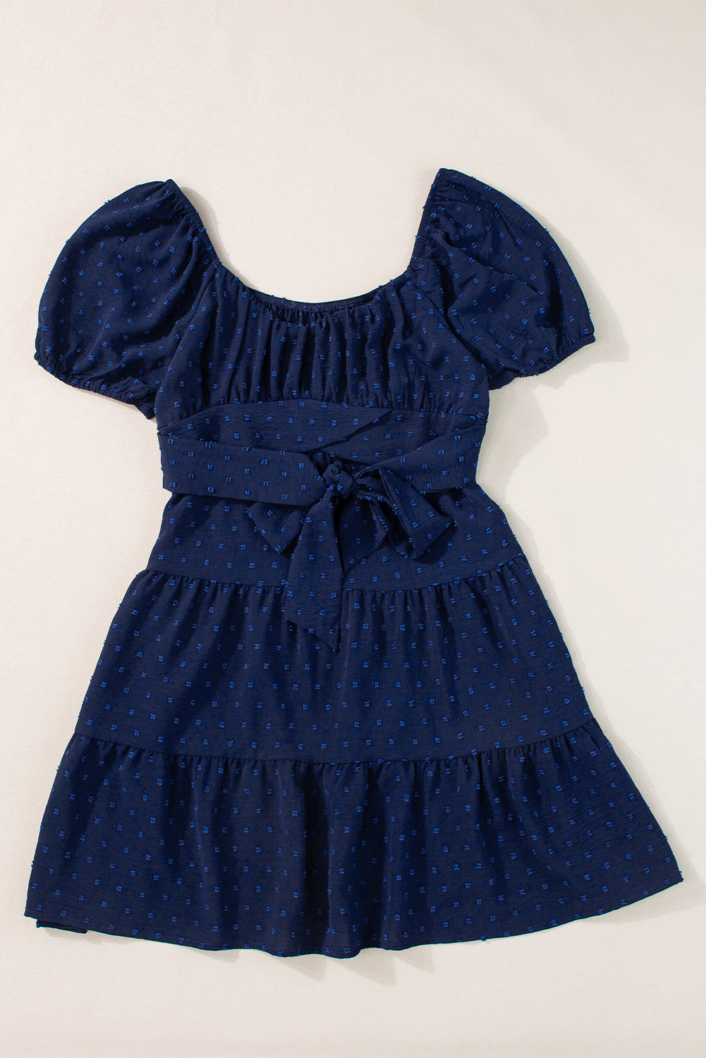 Blue Zone Planet |  Navy Blue Swiss Dot Jacquard Puff Sleeve Crossover Tied Tiered Dress Blue Zone Planet