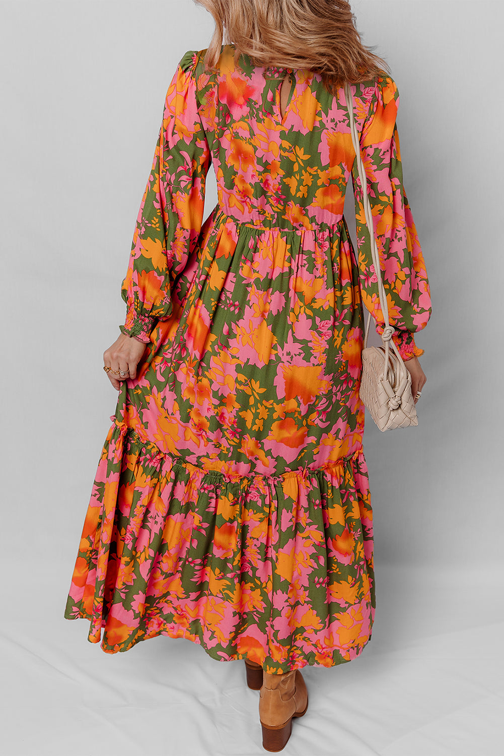 Orange Floral Puff Sleeve Smocked Bodice Ruffled Long Dress-TOPS / DRESSES-[Adult]-[Female]-2022 Online Blue Zone Planet