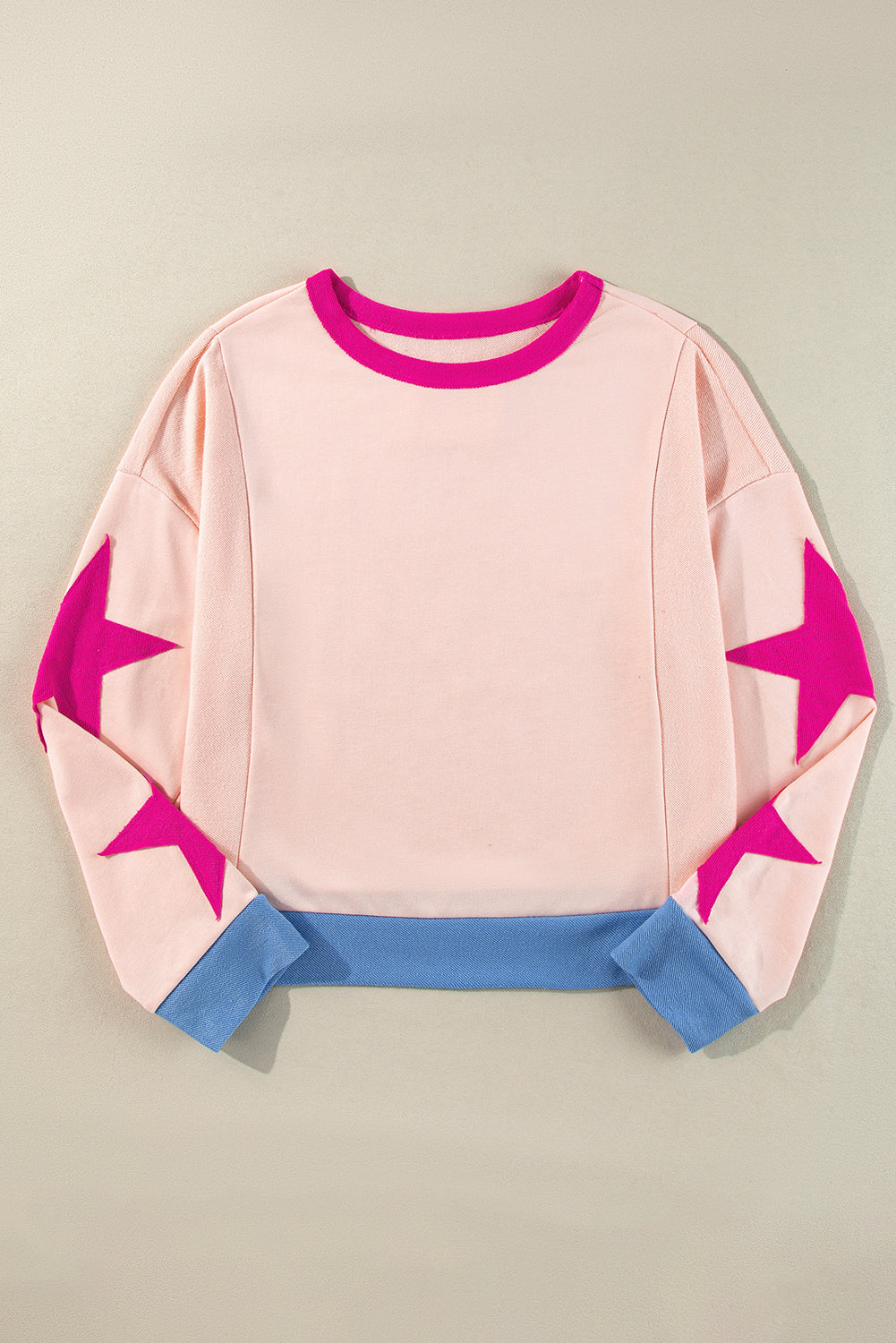 Light Pink Star Patchwork Exposed Seam Oversized Sweatshirt-Tops/Sweatshirts & Hoodies-[Adult]-[Female]-2022 Online Blue Zone Planet