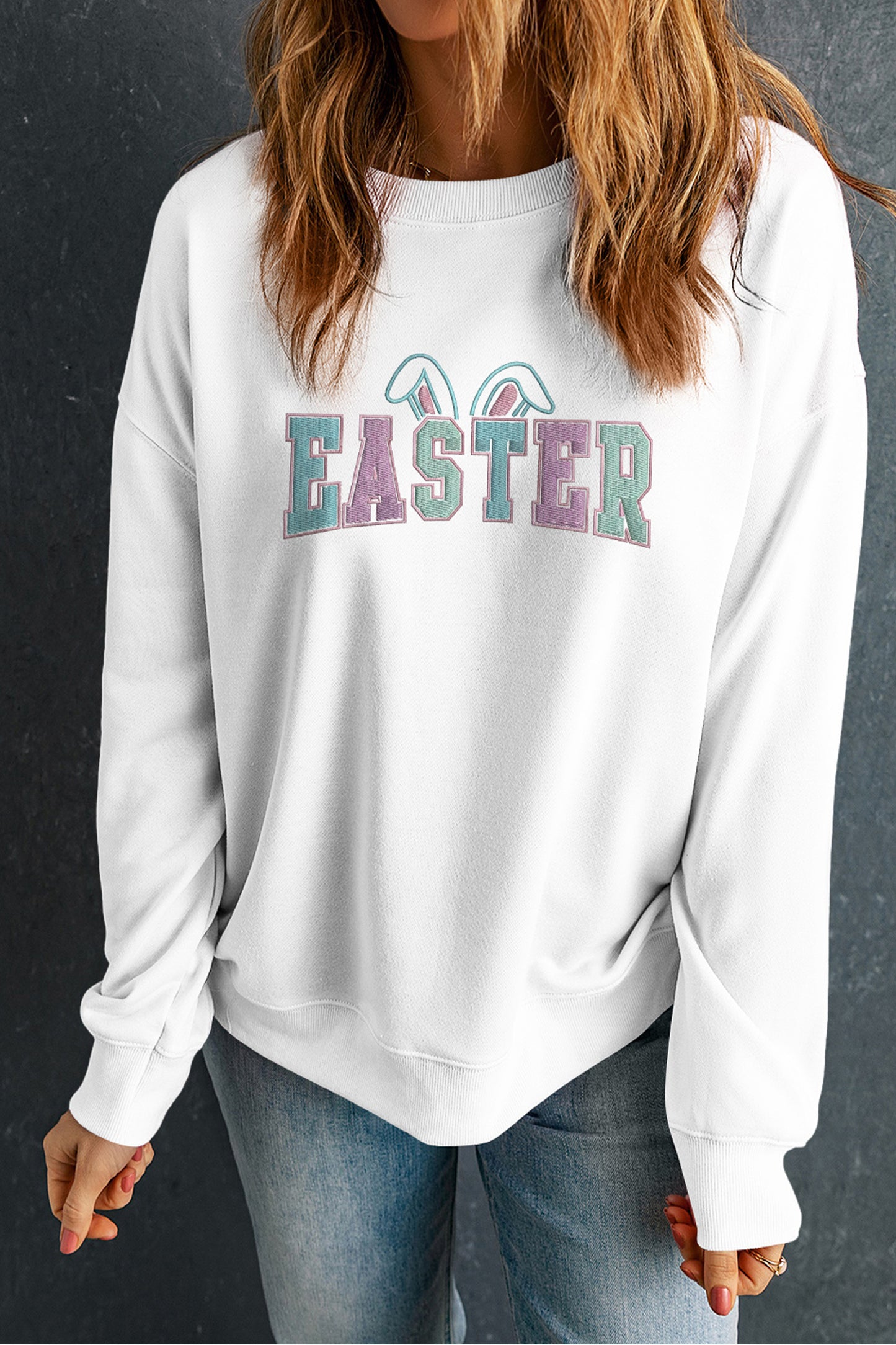White Easter Bunny Ear Embroidered Pullover Sweatshirt-Graphic Sweatshirts-[Adult]-[Female]-2022 Online Blue Zone Planet