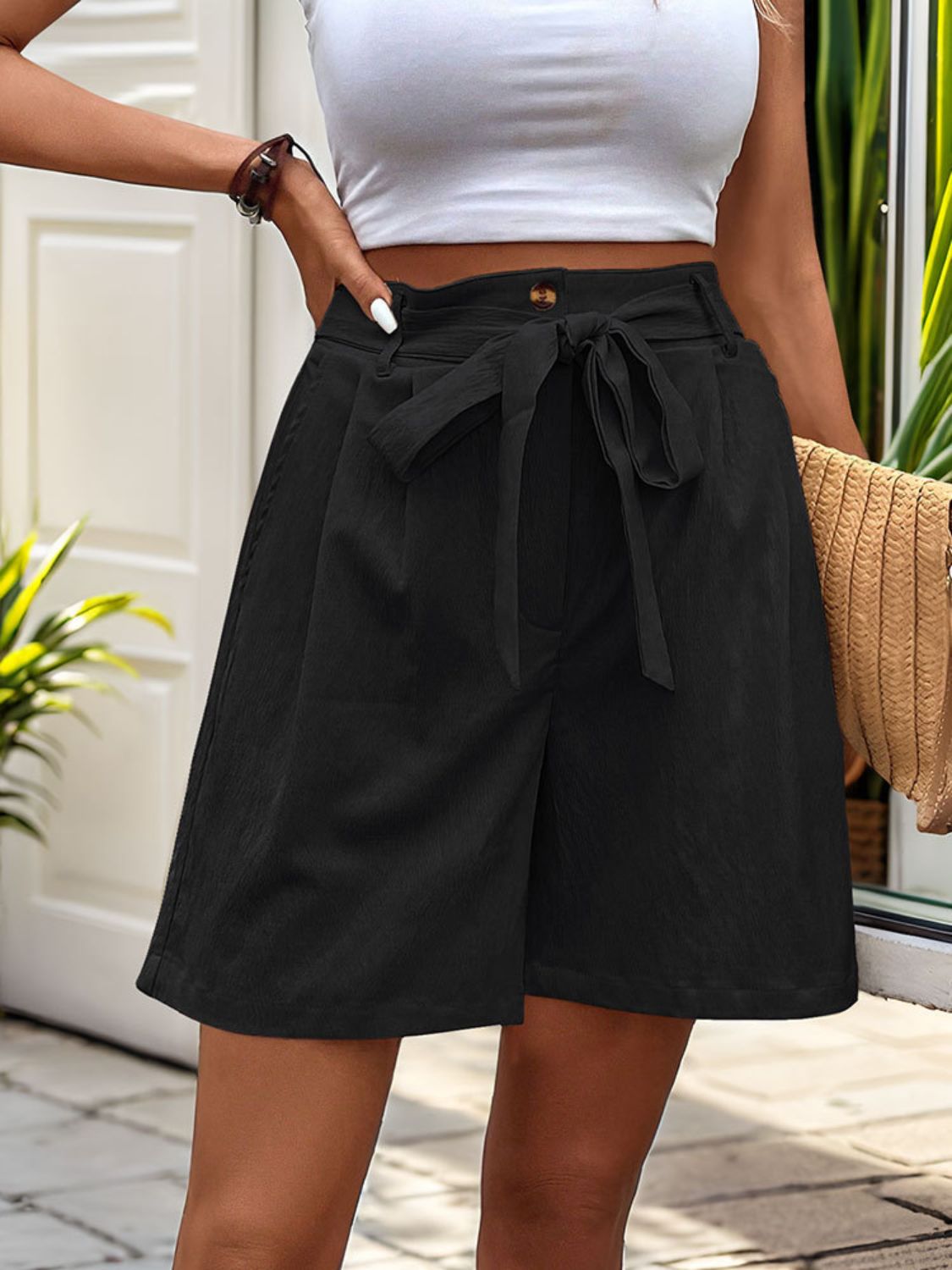 Tied High Waist Shorts with Pockets-BOTTOMS SIZES SMALL MEDIUM LARGE-[Adult]-[Female]-2022 Online Blue Zone Planet