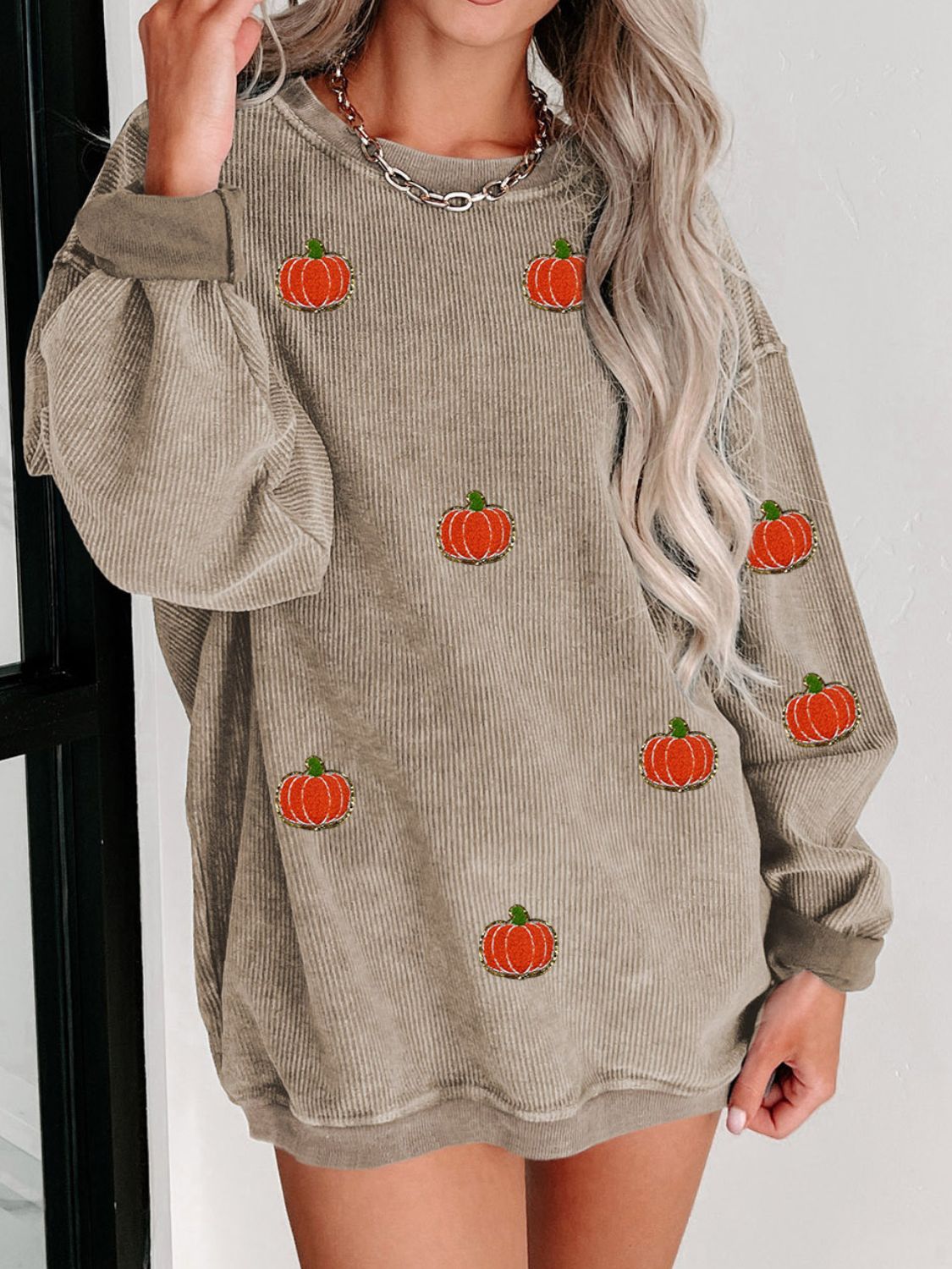 Pumpkin Round Neck Long Sleeve Sweatshirt-TOPS / DRESSES-[Adult]-[Female]-Dust Storm-S-2022 Online Blue Zone Planet