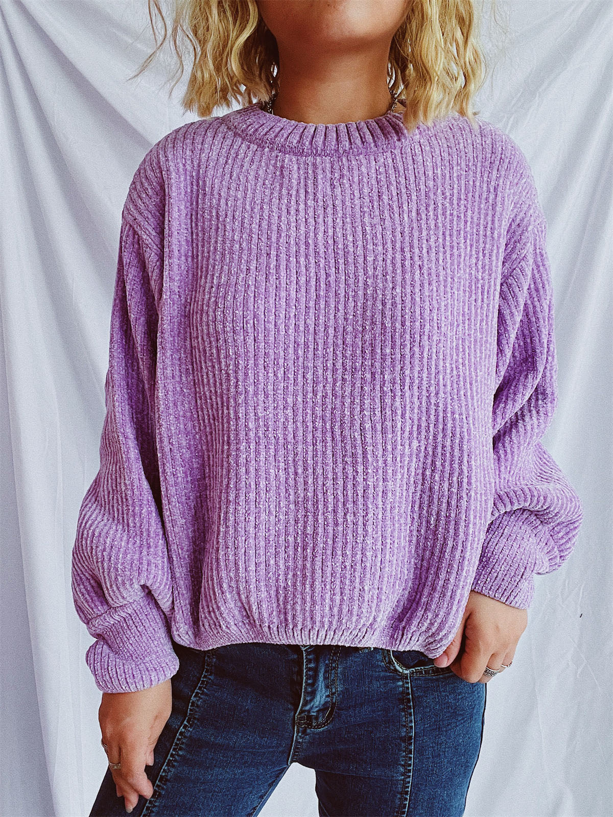 Round Neck Dropped Shoulder Long Sleeve Sweater-TOPS / DRESSES-[Adult]-[Female]-Lavender-One Size-2022 Online Blue Zone Planet