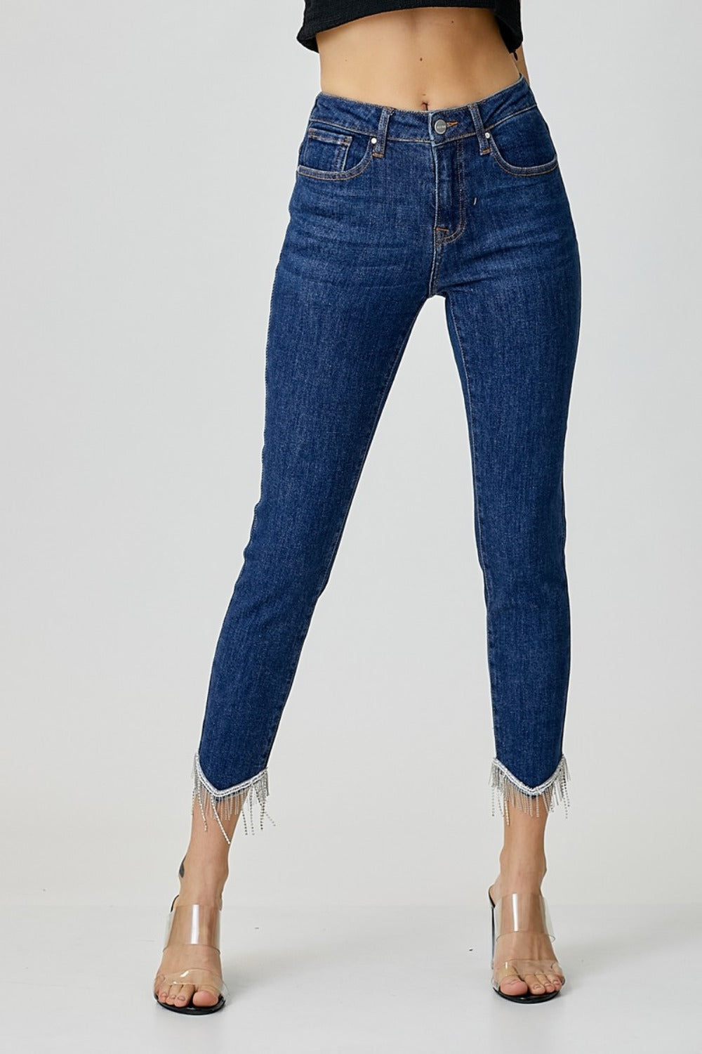 RISEN Full Size Embellished Mid Rise Crop Skinny Jeans-BOTTOMS SIZES SMALL MEDIUM LARGE-[Adult]-[Female]-Dark-0(24)-2022 Online Blue Zone Planet