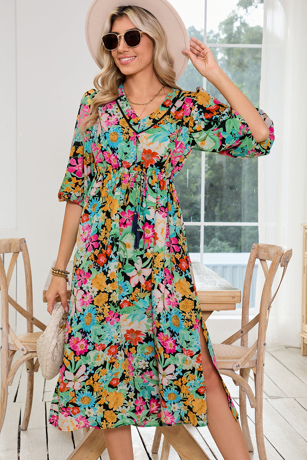 Green Boho Floral Puff Sleeve V Neck Tassel Drawstring Midi Dress-Midi Dresses-[Adult]-[Female]-2022 Online Blue Zone Planet