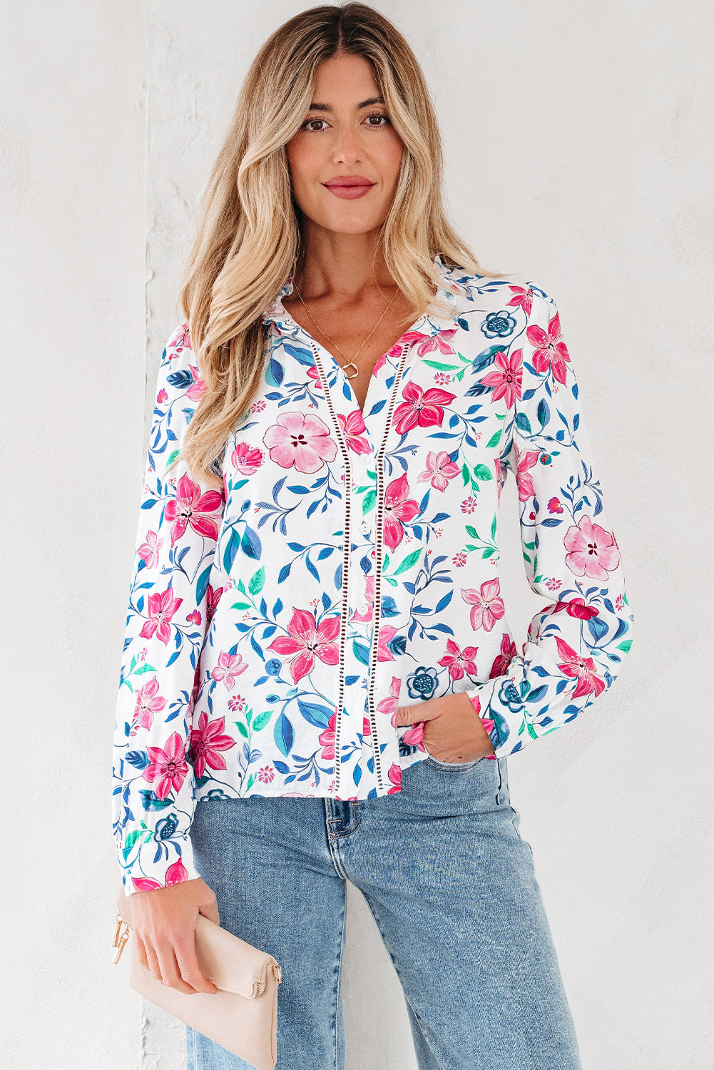 Pink Floral Print Lace Detail Button-Up Long Sleeve Shirt-Tops/Blouses & Shirts-[Adult]-[Female]-2022 Online Blue Zone Planet
