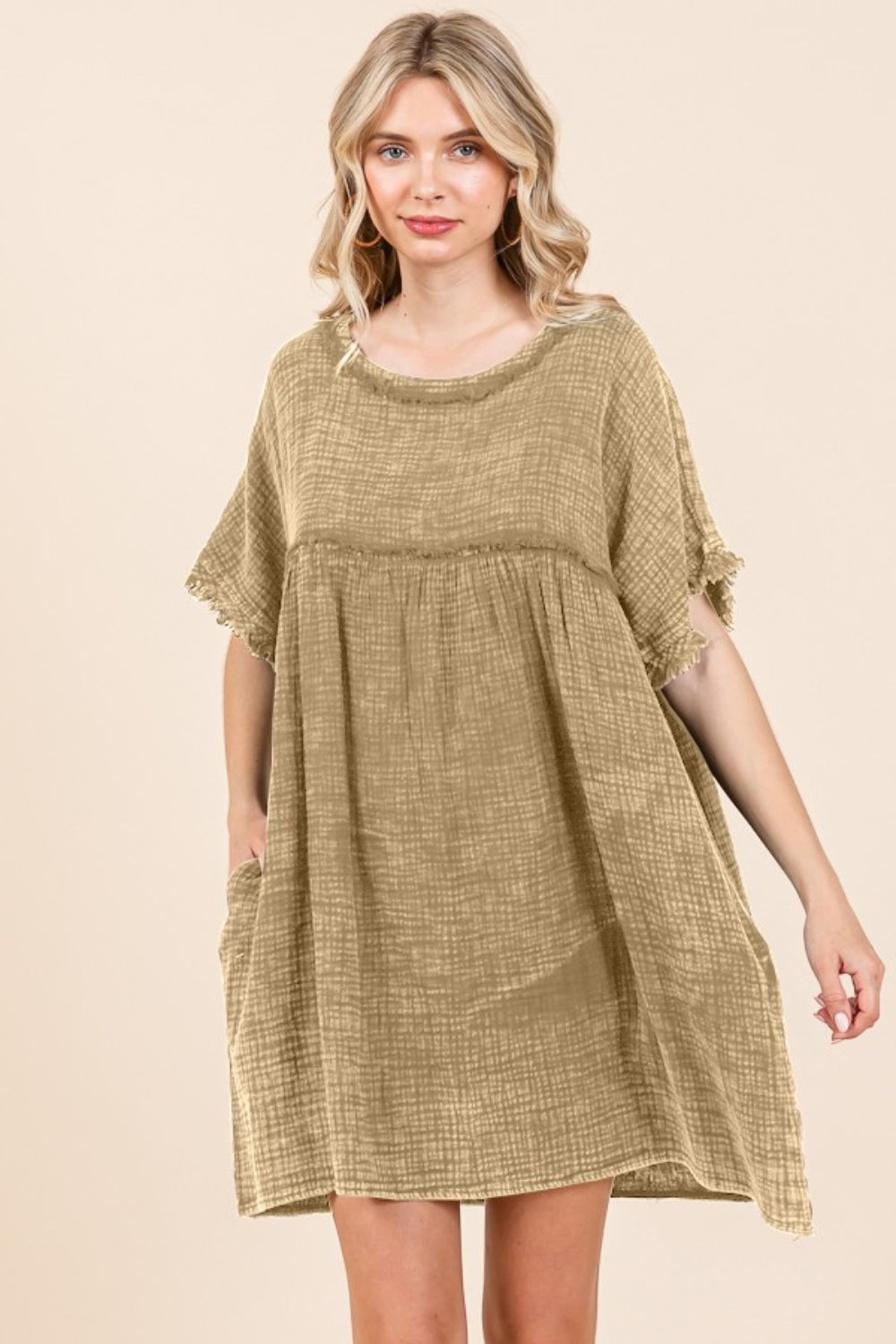 Culture Code Full Size Short Sleeve Babydoll Texture Dress with Pockets-TOPS / DRESSES-[Adult]-[Female]-Iced Coffee-S-2022 Online Blue Zone Planet