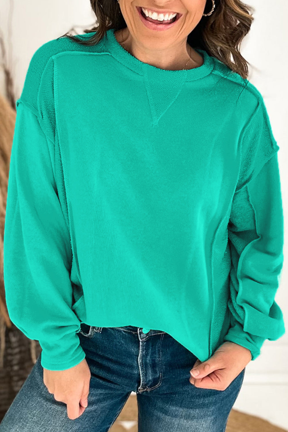 Mint Green Splicing Round Neck Pullover Sweatshirt-Tops/Sweatshirts & Hoodies-[Adult]-[Female]-Mint Green-S-2022 Online Blue Zone Planet