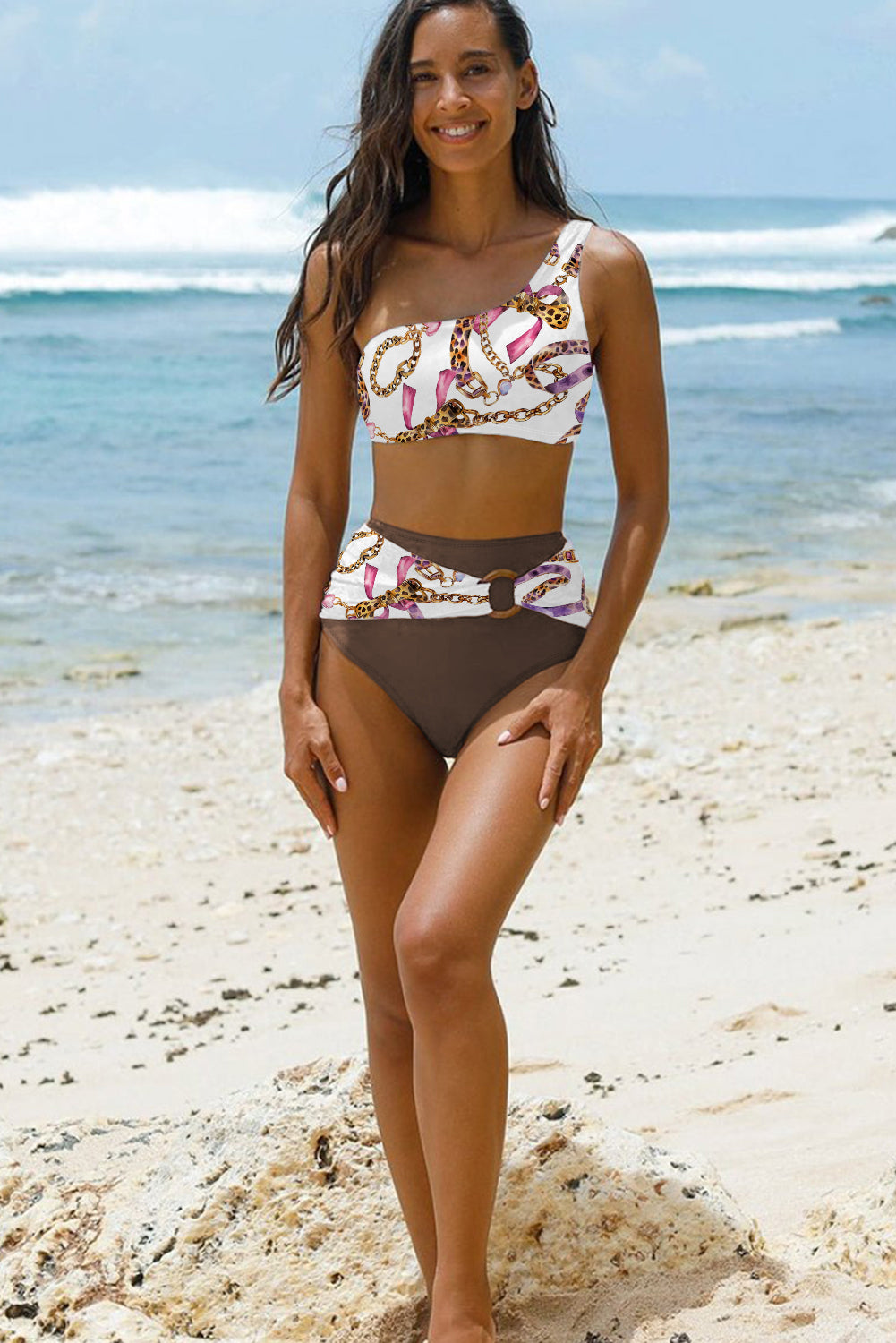 Khaki Abstract Print One Shoulder Ring Linked High Waist Bikini-Bikini Sets-[Adult]-[Female]-2022 Online Blue Zone Planet