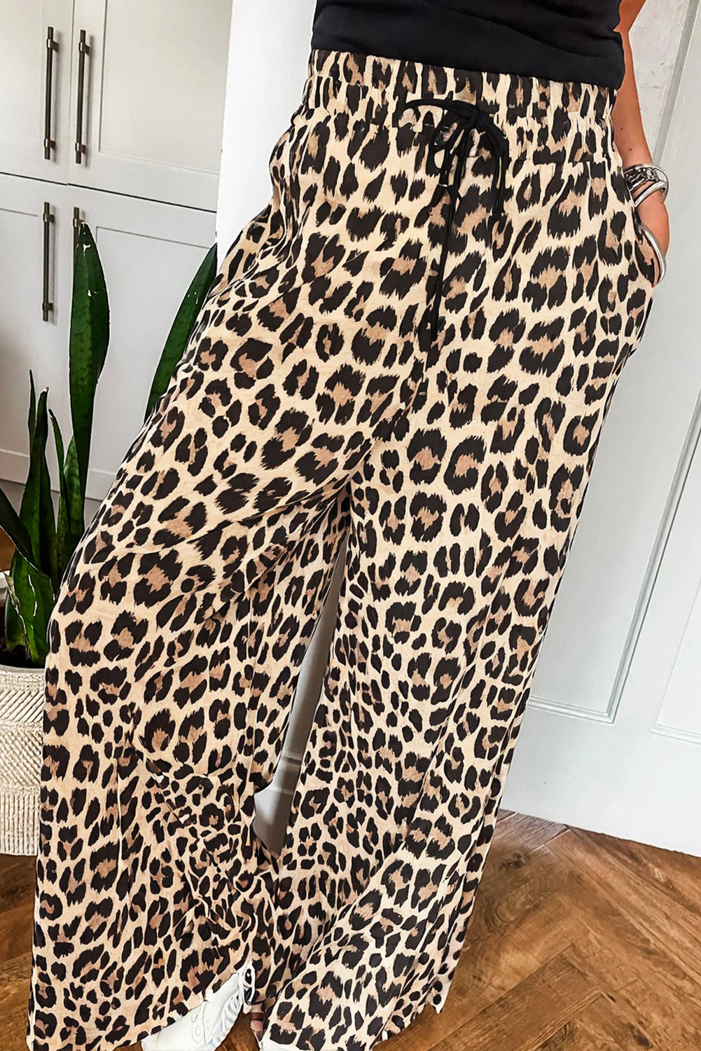 Parchment Leopard Drawstring Flowy Wide Leg Pants-Bottoms/Pants & Culotte-[Adult]-[Female]-Parchment-S-2022 Online Blue Zone Planet