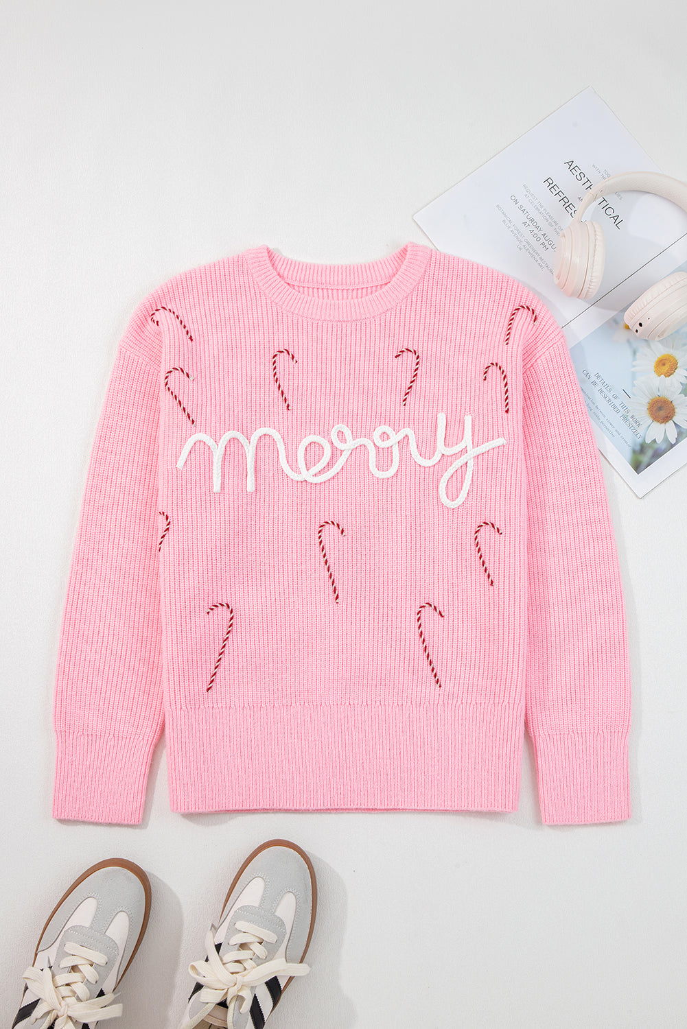 Pink Merry Candy Cane Puffy Knit Crew Neck Sweater-TOPS / DRESSES-[Adult]-[Female]-2022 Online Blue Zone Planet