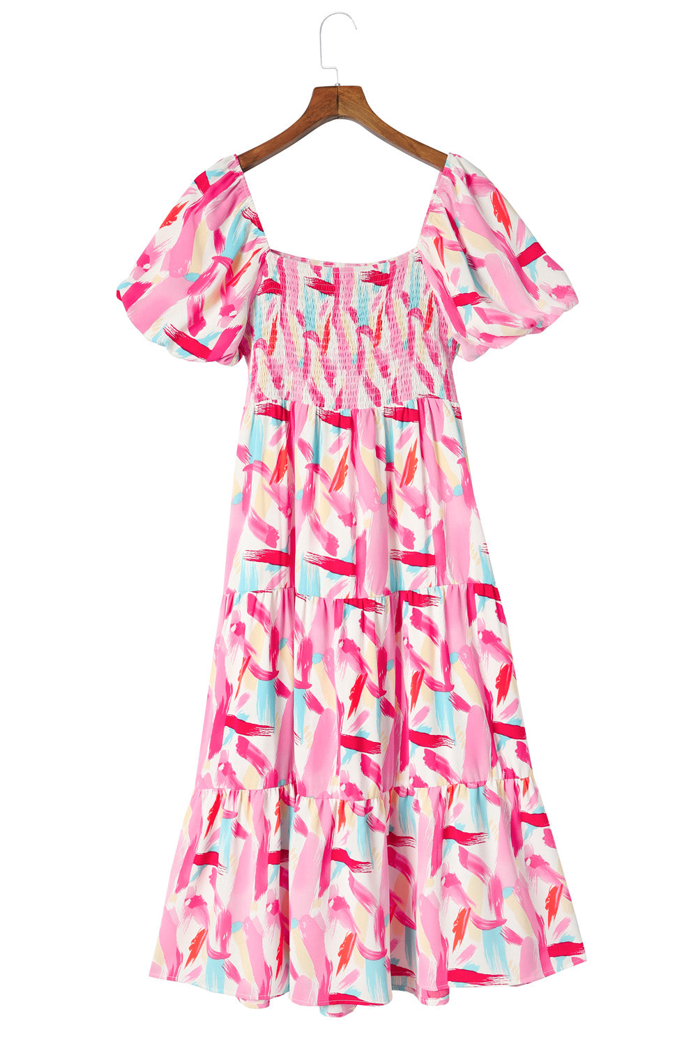 Pink Brush Stroke Printed Smocked Ruffle Tiered Dress Blue Zone Planet