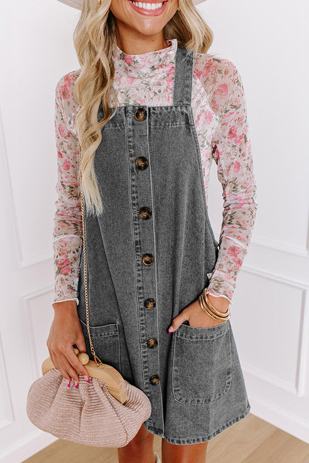 Medium Grey Wide Strap Button Front Pocketed Denim Mini Dress-Dresses/Mini Dresses-[Adult]-[Female]-Medium Grey-S-2022 Online Blue Zone Planet