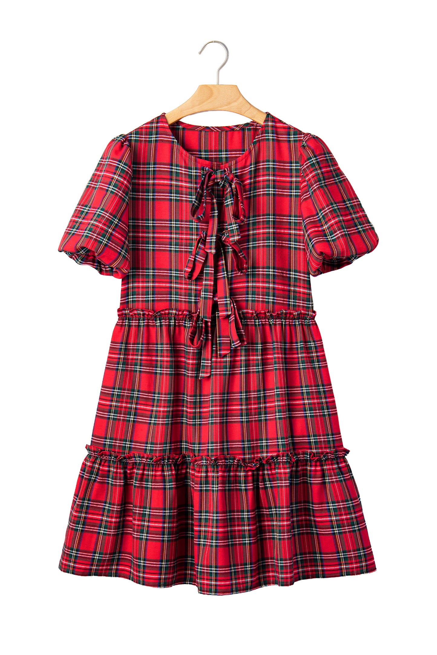 Red Plaid Knot Neck Short Sleeve Mini Shift Dress-TOPS / DRESSES-[Adult]-[Female]-2022 Online Blue Zone Planet