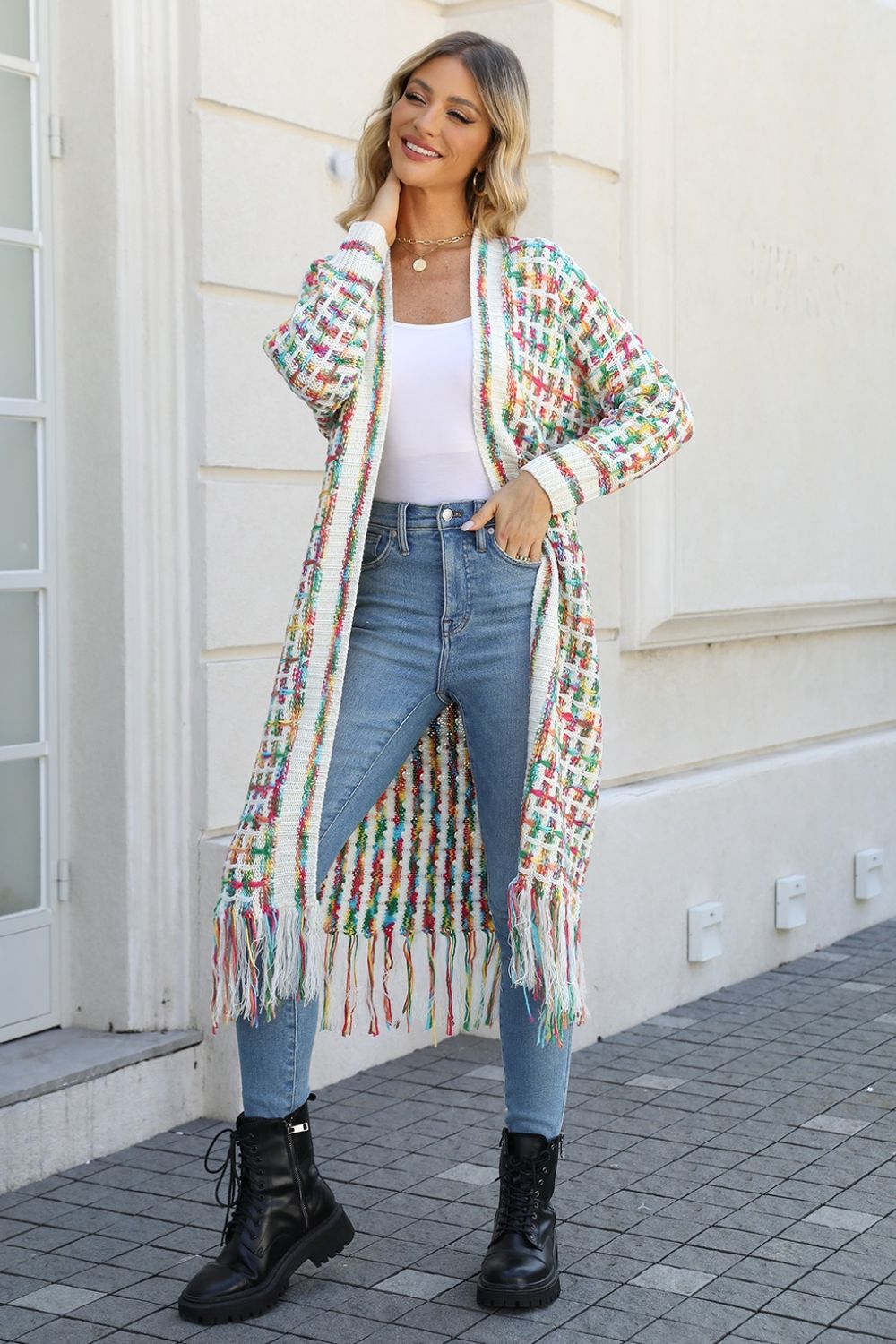 Multicolored Open Front Fringe Hem Cardigan-TOPS / DRESSES-[Adult]-[Female]-Mid Green-S-2022 Online Blue Zone Planet