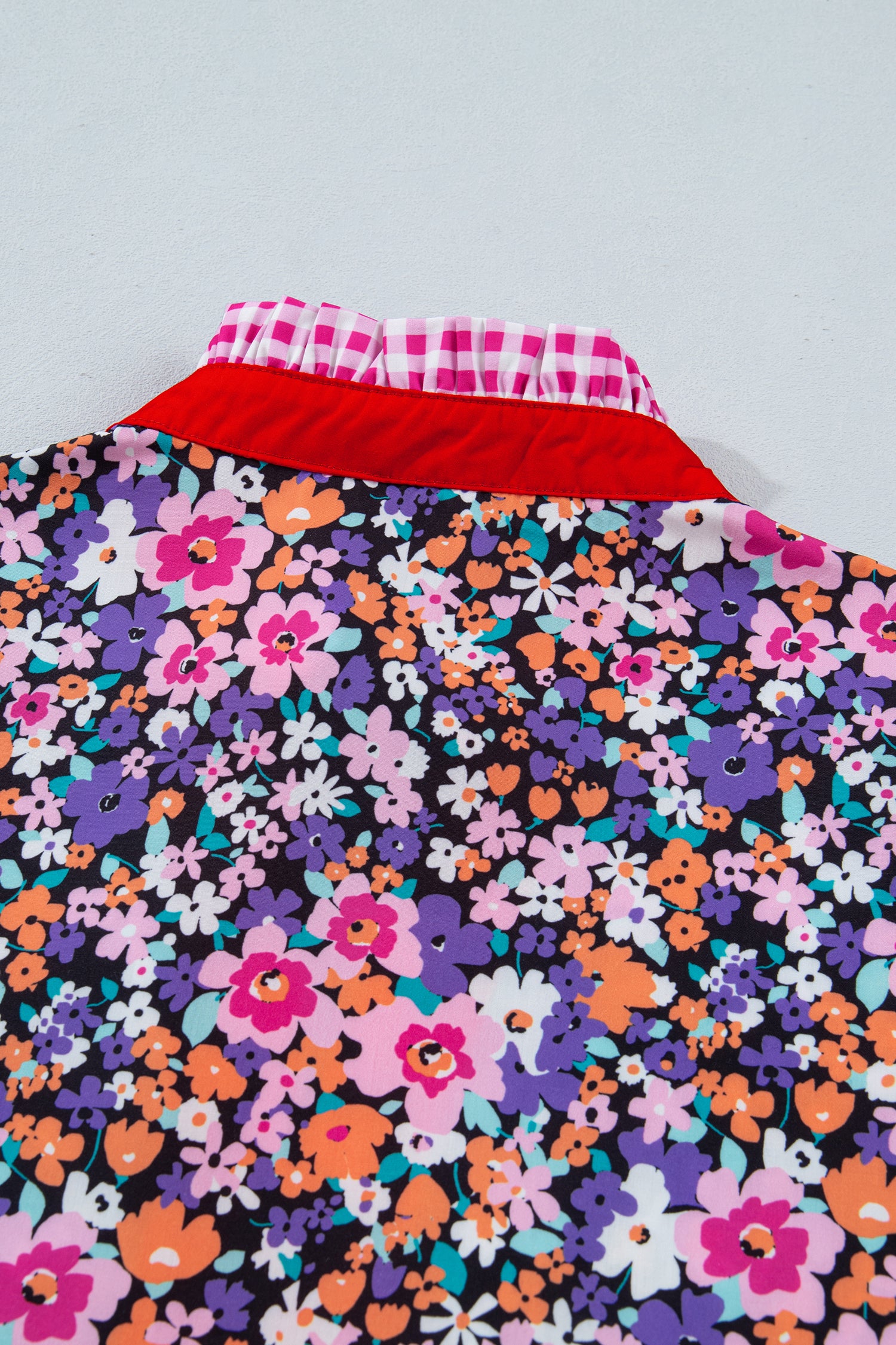 Purple Ditsy Floral Print Plaid Colorblock Trim V Neck Blouse-Tops/Blouses & Shirts-[Adult]-[Female]-2022 Online Blue Zone Planet