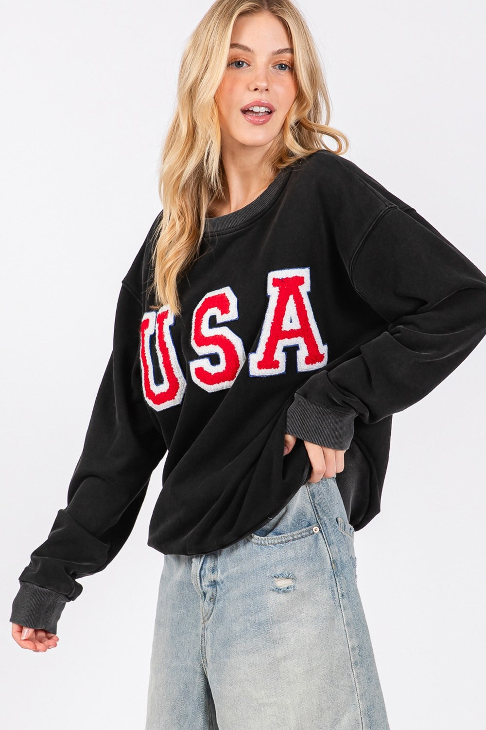 Blue Zone Planet | Sage + Fig USA Letter Patch Round Neck Sweatshirt-TOPS / DRESSES-[Adult]-[Female]-2022 Online Blue Zone Planet