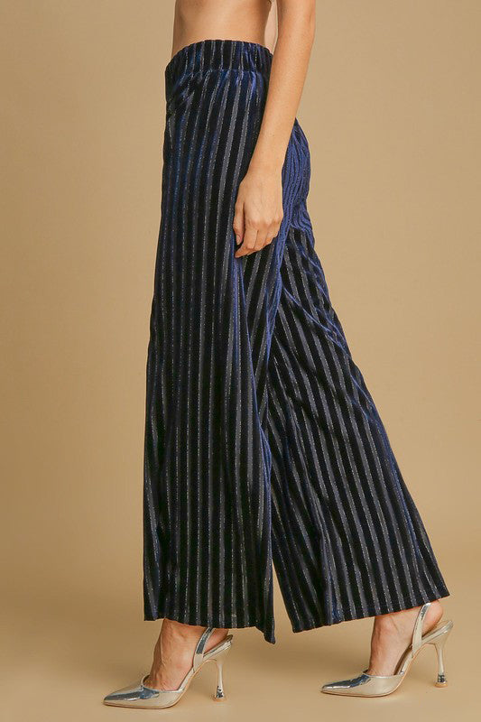 Blue Zone Planet | Umgee Full Size Elastic Waist Striped Wide Leg Velvet Pants-BOTTOMS SIZES SMALL MEDIUM LARGE-[Adult]-[Female]-2022 Online Blue Zone Planet