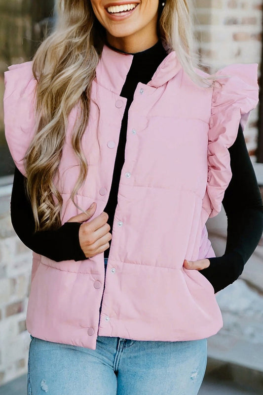 Pink Stand Neck Flutter Sleeve Snap Button Puffer Vest-Outerwear/Vests-[Adult]-[Female]-2022 Online Blue Zone Planet