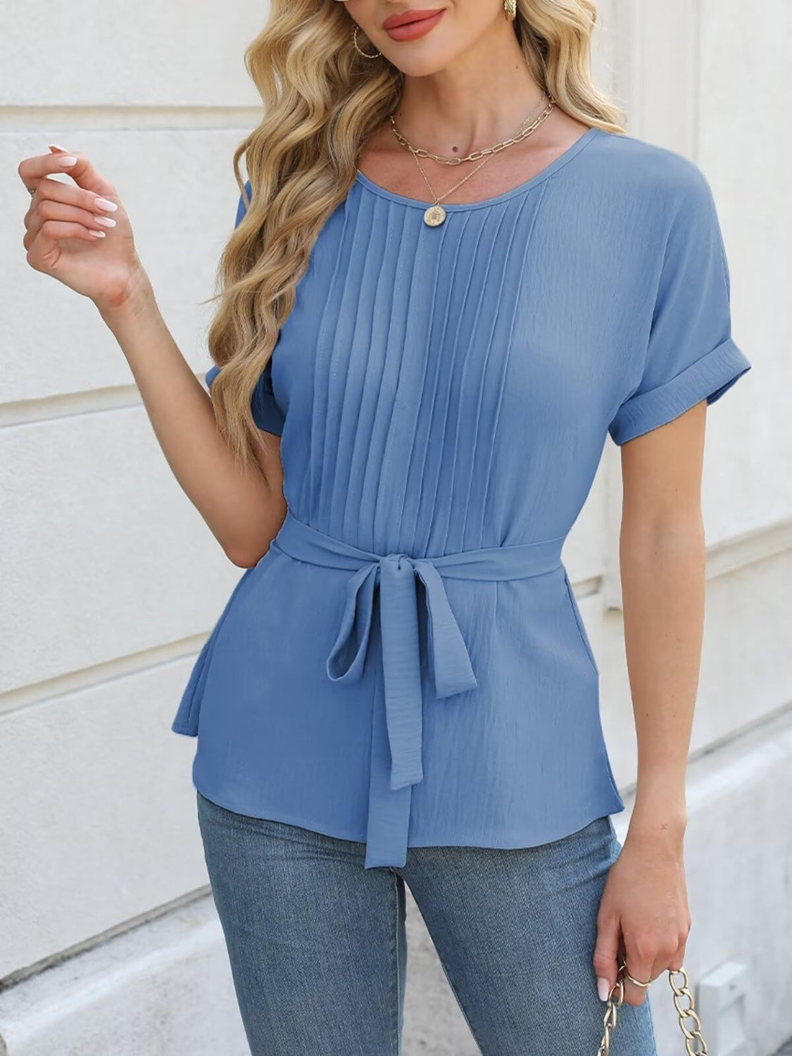 Tied Pleated Round Neck Short Sleeve Top-TOPS / DRESSES-[Adult]-[Female]-Cerulean-S-2022 Online Blue Zone Planet
