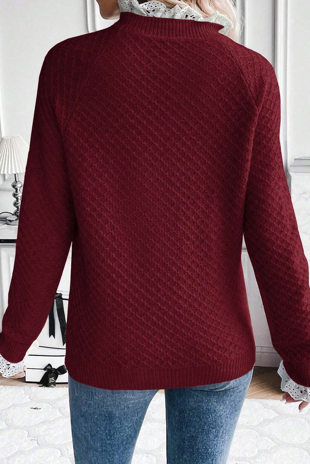 Burgundy Contrast Lace Frilled Trim Raglan Sleeve Sweater-TOPS / DRESSES-[Adult]-[Female]-2022 Online Blue Zone Planet