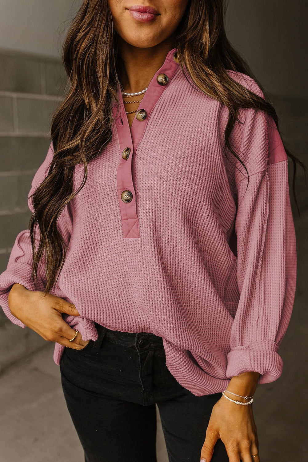 Pink Waffle Long Sleeve Collar Half Button Loose Top-Tops/Long Sleeve Tops-[Adult]-[Female]-Pink-S-2022 Online Blue Zone Planet