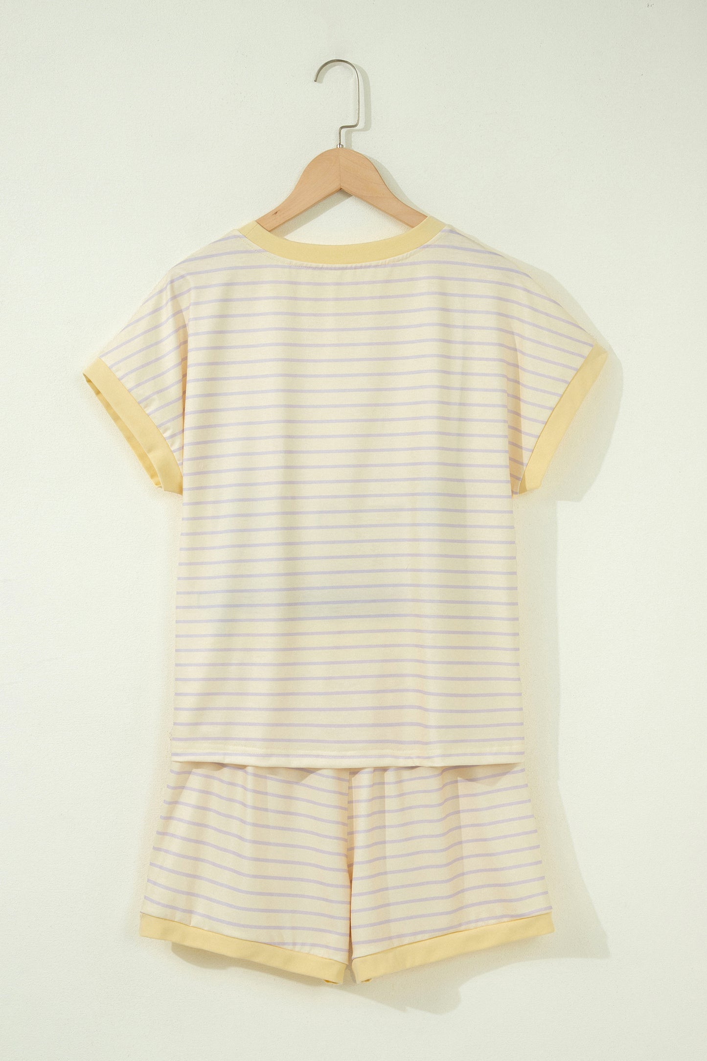 Yellow Stripe Relaxed Tee Drawstring Shorts 2pcs Outfit-Two Piece Sets/Short Sets-[Adult]-[Female]-2022 Online Blue Zone Planet