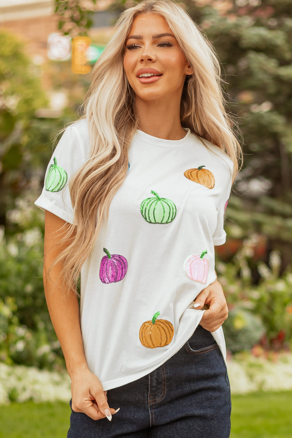White Sequin Pumpkin Patched Cotton Blend T Shirt-Graphic/Graphic Tees-[Adult]-[Female]-2022 Online Blue Zone Planet