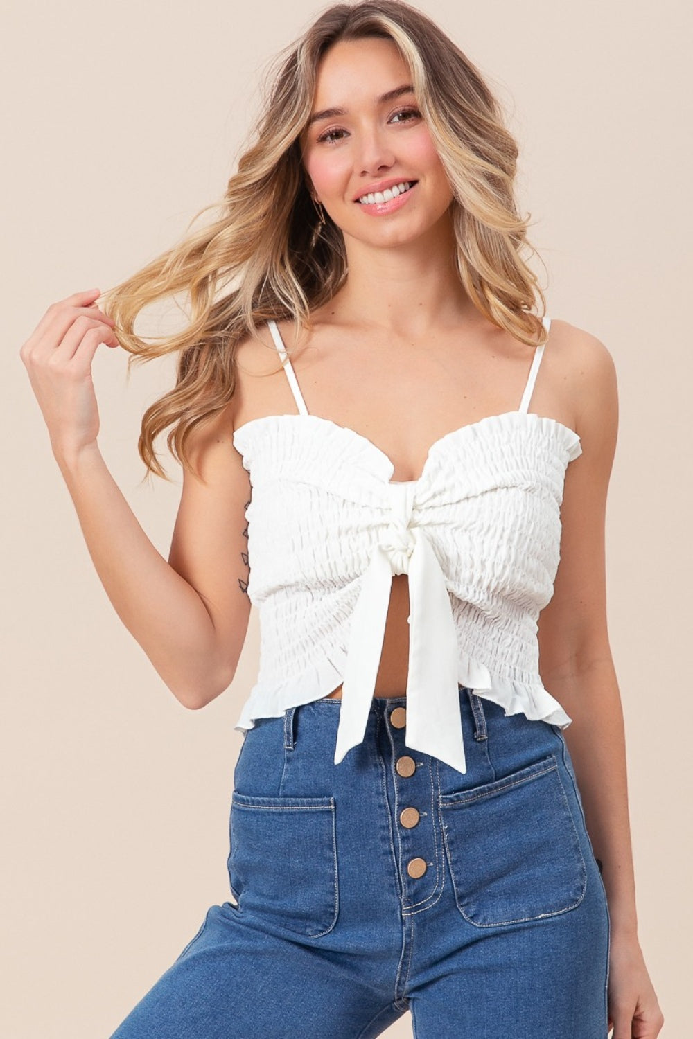 BiBi Ruffled Smocked Ribbon Detail Cami-TOPS / DRESSES-[Adult]-[Female]-Off White-S-2022 Online Blue Zone Planet