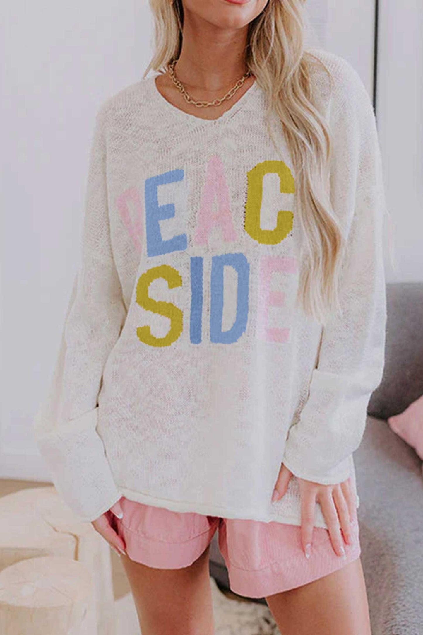 White V Neck Lightweight Knit BEACH SIDE Shift Tunic Sweater-Sweaters & Cardigans/Sweaters-[Adult]-[Female]-2022 Online Blue Zone Planet