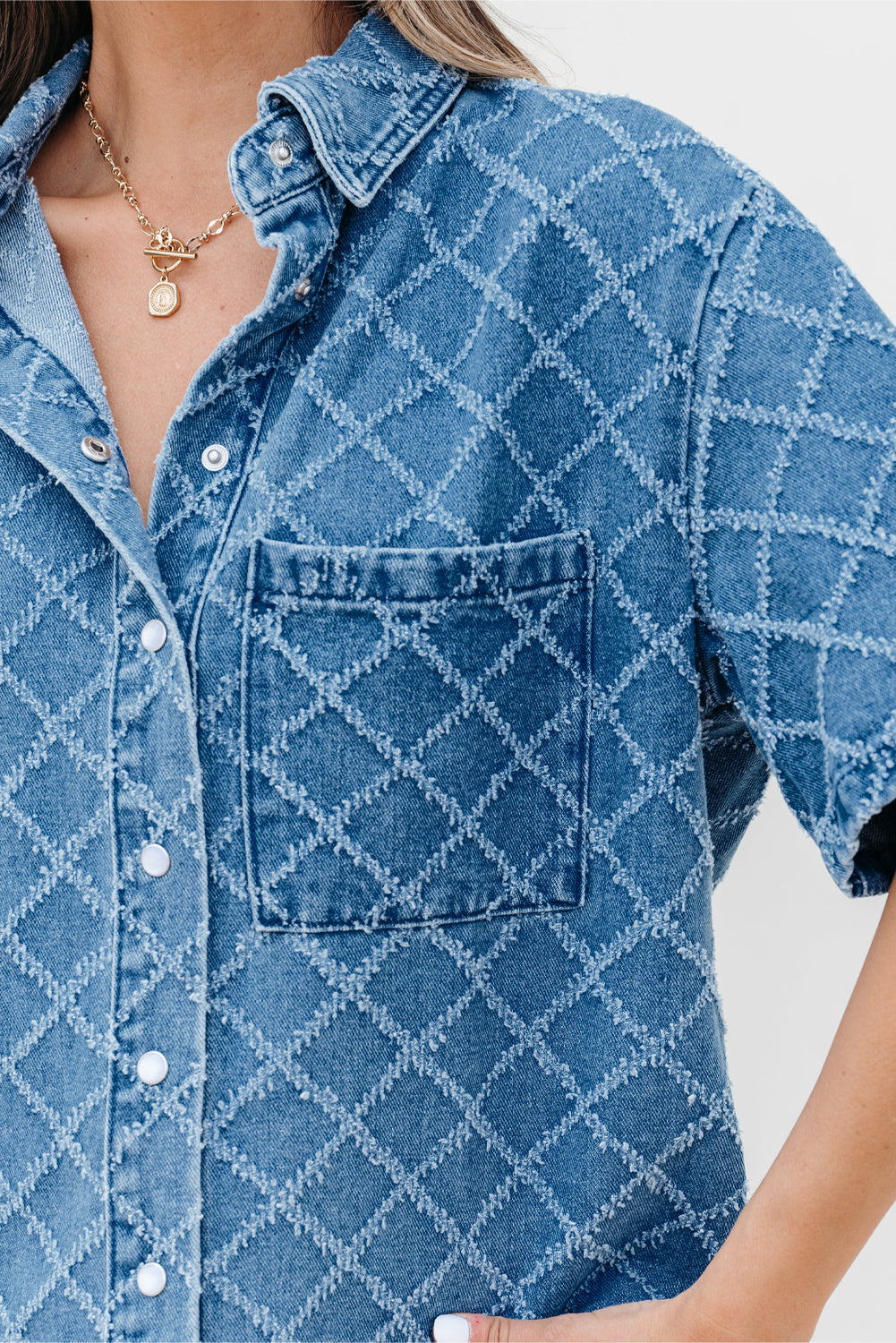 Dusk Blue Checkered Textured Short Sleeve Patched Pocket Denim Shirt-Tops/Blouses & Shirts-[Adult]-[Female]-2022 Online Blue Zone Planet