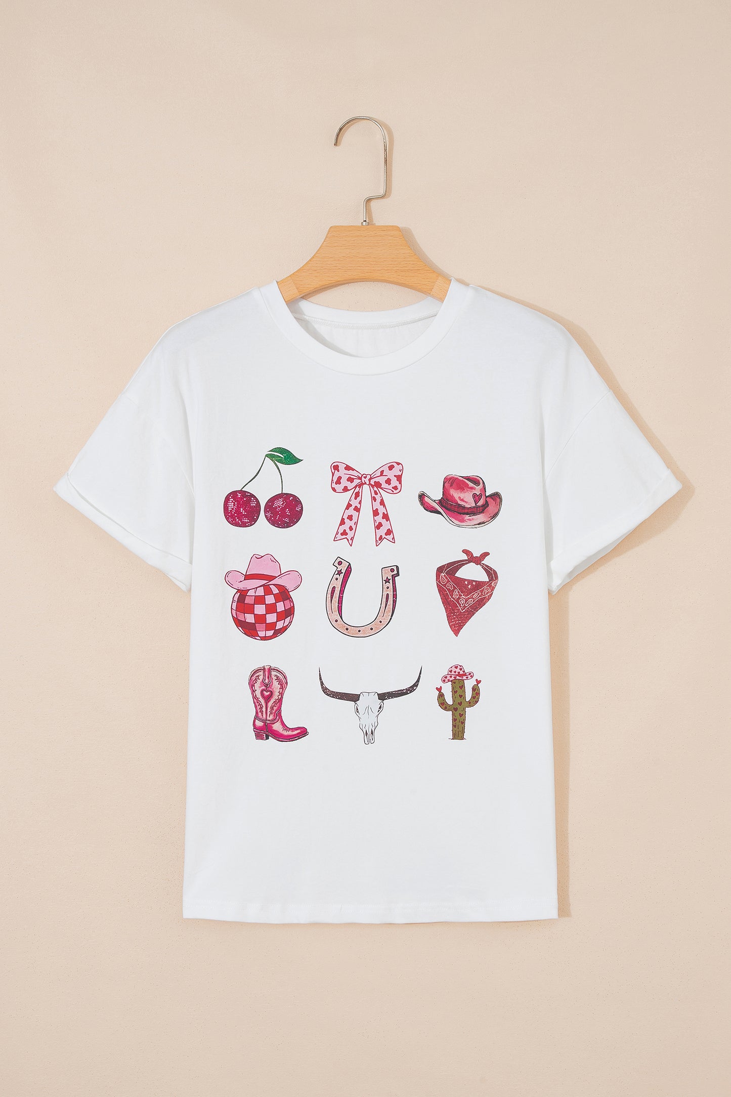 White Coquette Cowgirl Elements Printed Relaxed Tee-Tops/Tops & Tees-[Adult]-[Female]-2022 Online Blue Zone Planet