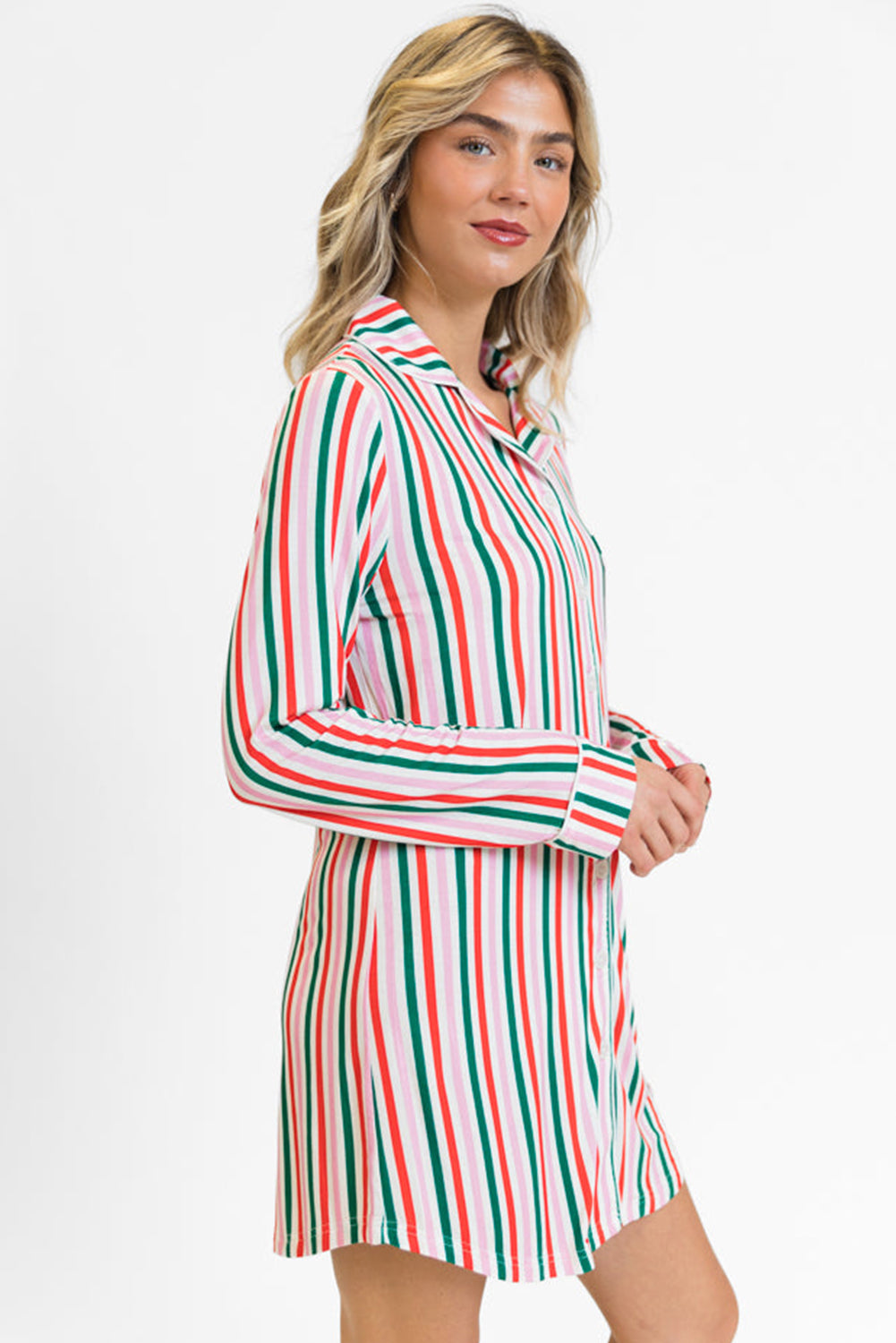 Pink Stripe Christmas Long Sleeve Shirt Style Lounge Dress-TOPS / DRESSES-[Adult]-[Female]-2022 Online Blue Zone Planet