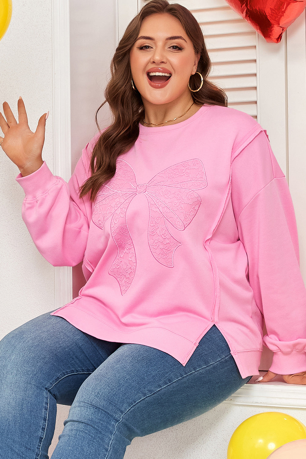 Pink Big Bow Lace Embroidered Dolman Sleeve Slit Plus Size Sweatshirt-Plus Size/Plus Size Sweatshirts & Hoodies-[Adult]-[Female]-2022 Online Blue Zone Planet