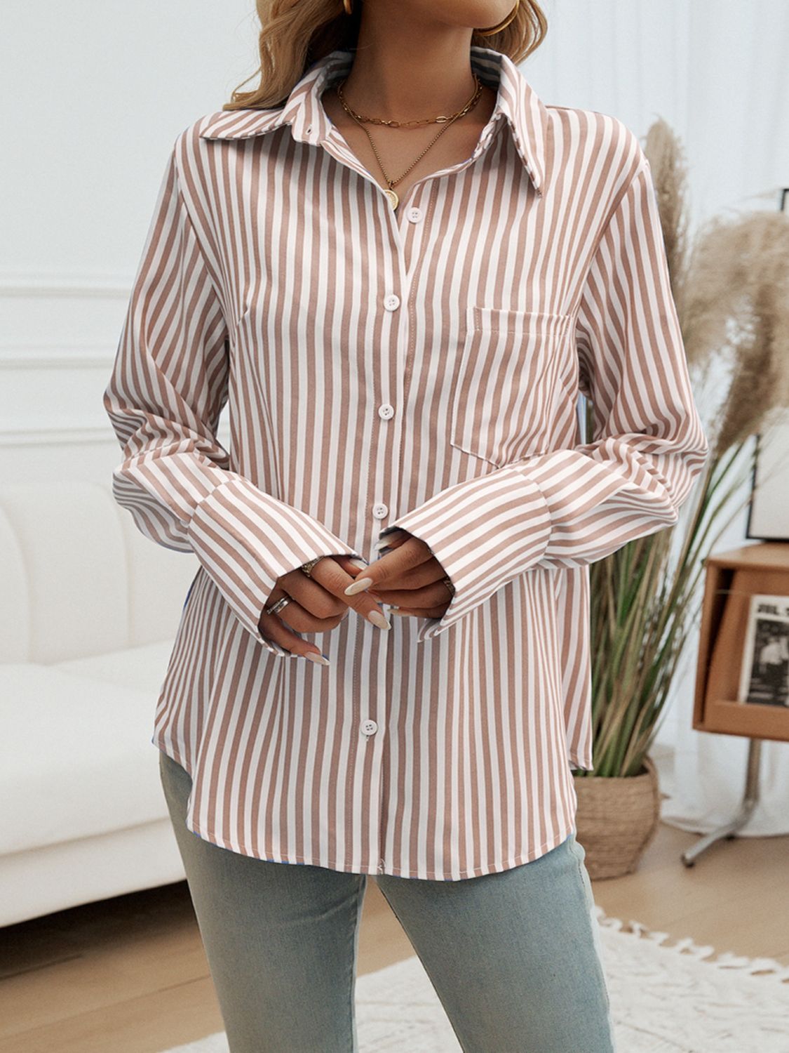 Blue Zone Planet | Pocketed Striped Collared Neck Long Sleeve Shirt-TOPS / DRESSES-[Adult]-[Female]-Caramel-S-2022 Online Blue Zone Planet