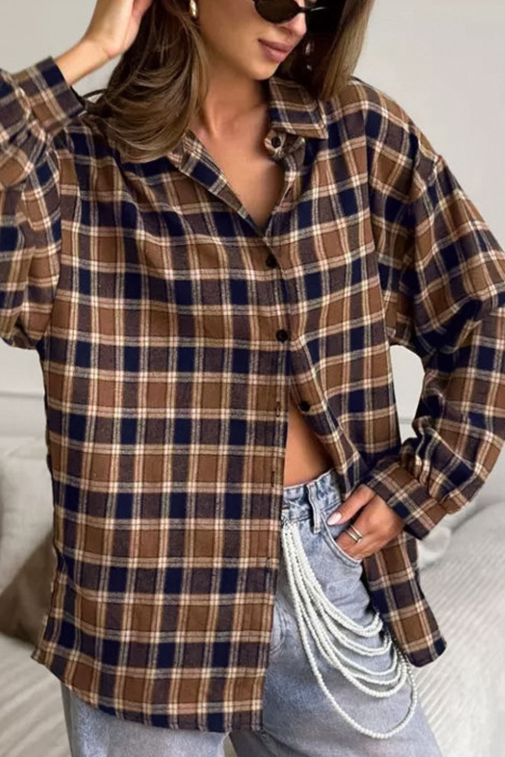 Plaid Button Up Drop Shoulder Shacket-TOPS / DRESSES-[Adult]-[Female]-2022 Online Blue Zone Planet