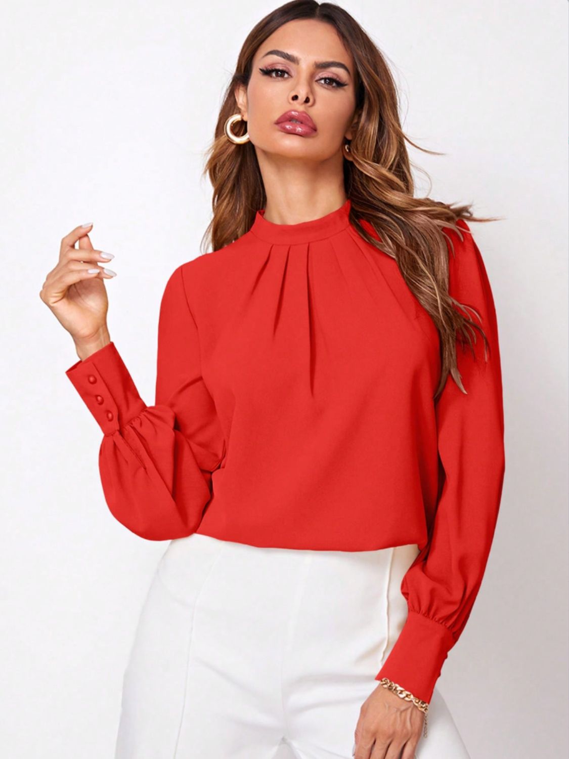 Blue Zone Planet | Ruched Mock Neck Long Sleeve Blouse-TOPS / DRESSES-[Adult]-[Female]-Orange-Red-XS-2022 Online Blue Zone Planet