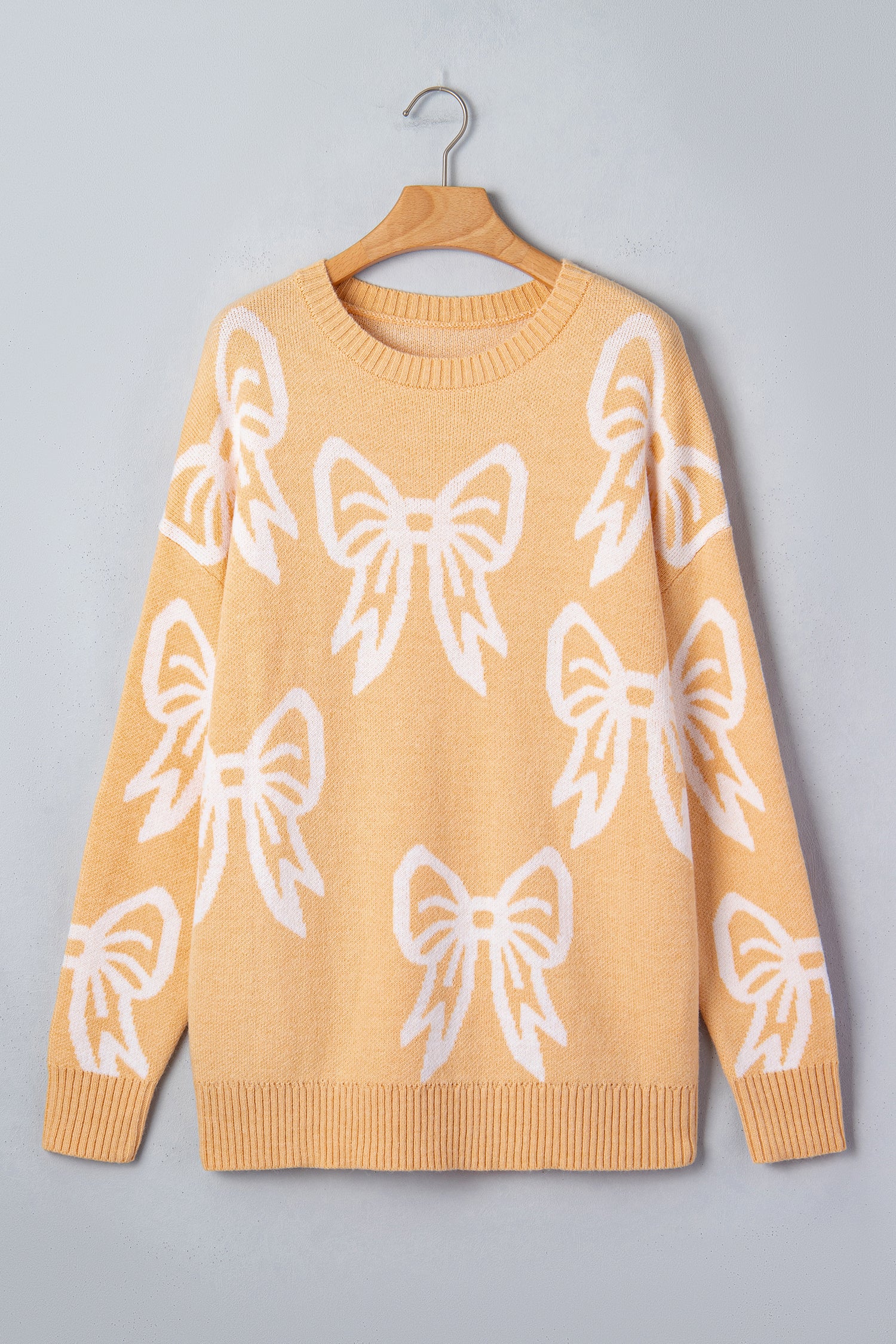 Golden Fleece Bow Pattern Drop Shoulder Loose Sweater-TOPS / DRESSES-[Adult]-[Female]-2022 Online Blue Zone Planet