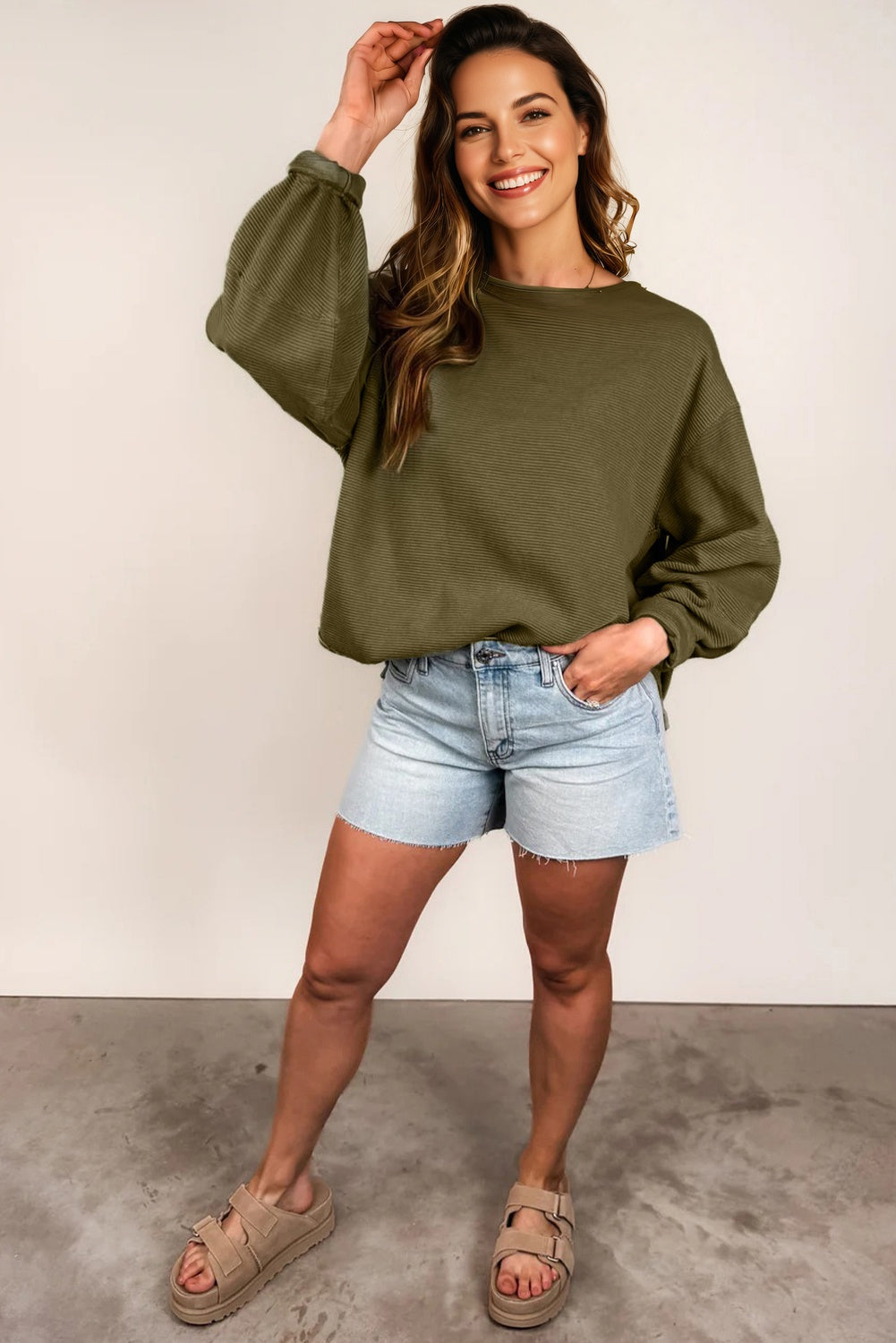 Seagrass Horizontal Ribbed Exposed Seam Patchwork Sleeve Loose Top-Tops/Long Sleeve Tops-[Adult]-[Female]-2022 Online Blue Zone Planet