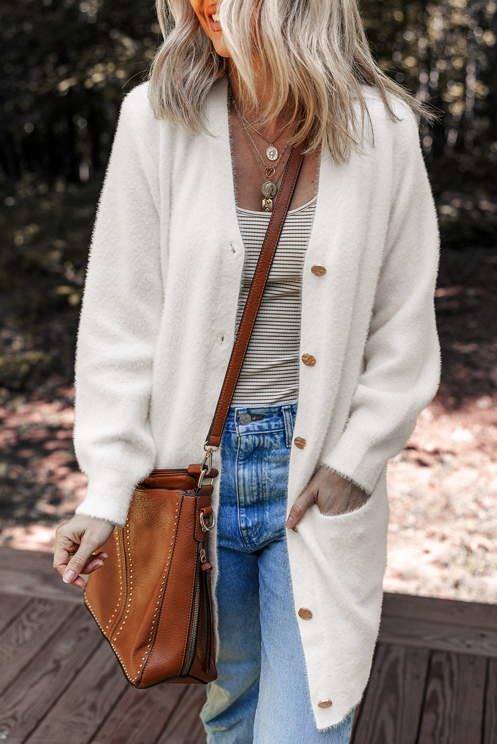 Smoke Gray Fuzzy Buttoned Front Midi Solid Cardigan-Sweaters & Cardigans/Cardigans-[Adult]-[Female]-White-S-2022 Online Blue Zone Planet